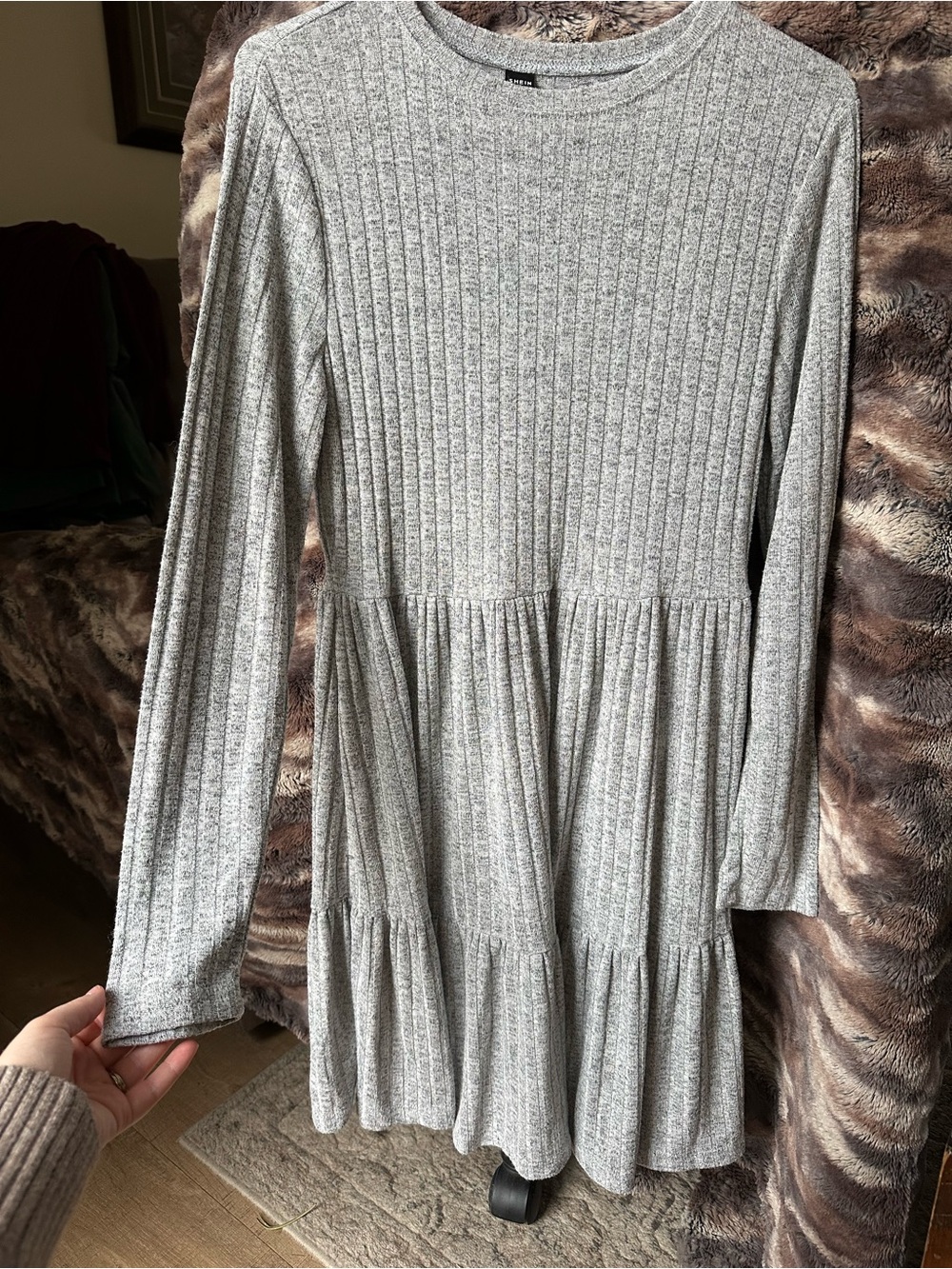 SHEIN Light Gray Ribbed Long-Sleeve Tiered Dress